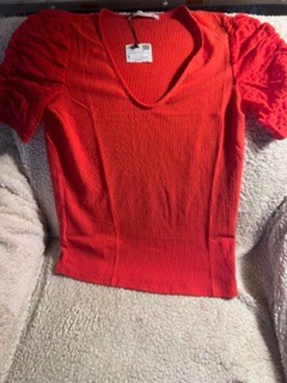Red Medium Short Sleeve Knit Top Puff Sleeve Scoop Neck